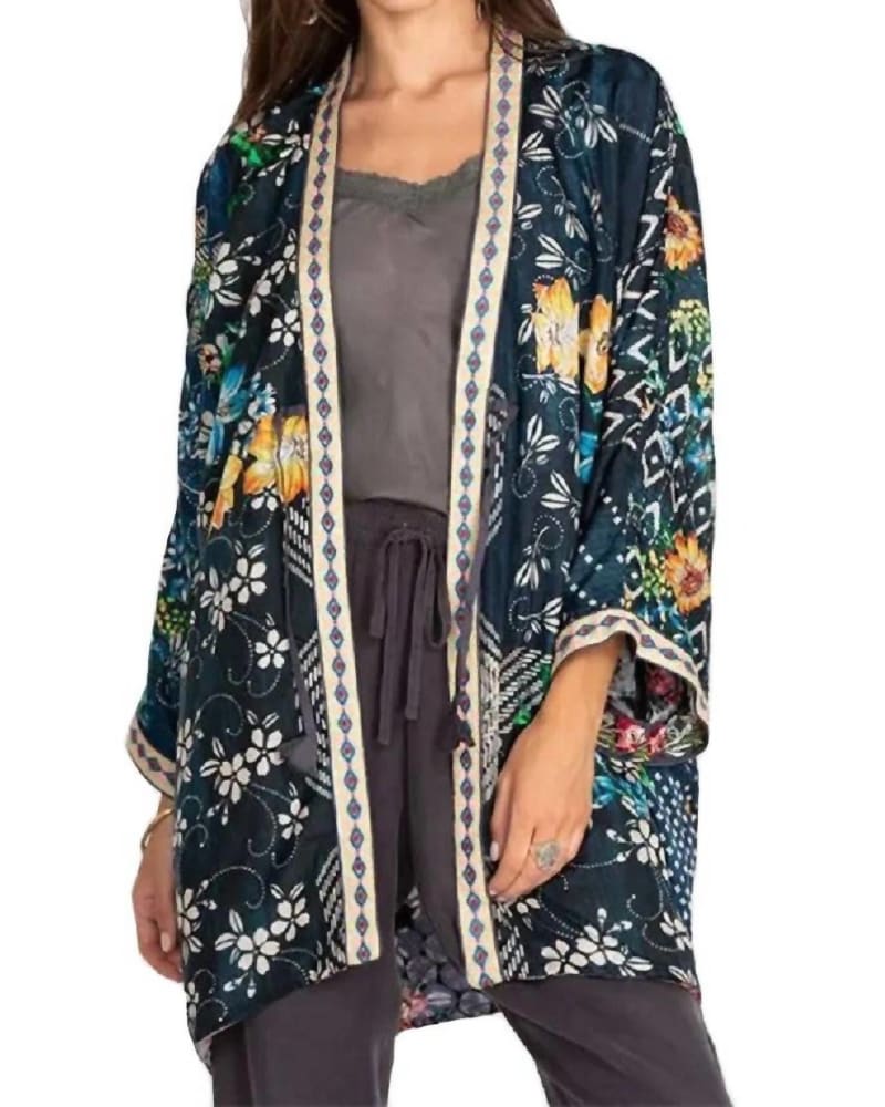 Front of a model wearing a size L Rose Burnout Talullah Jacket in Multi A in Multi A by Johnny Was. | dia_product_style_image_id:336541